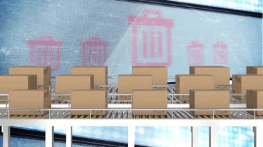 Kırmızı çöp kutusu ve yeşil geri dönüşüm işaretli taşıma bantları üzerinde hareket eden karton kutuların canlandırması