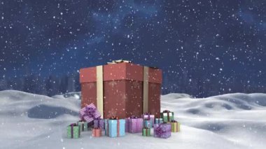 Kar yağışı ve arka planda Noel hediyeleri olan kış manzarasının animasyonu
