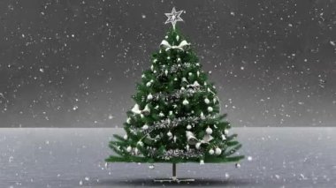 Arka planda kar yağan ve Noel ağacı olan kış manzarasının animasyonu