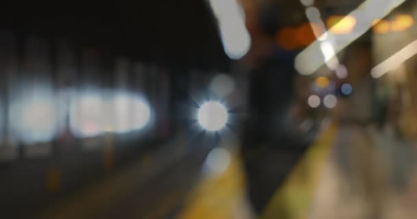 Animation Blurred Metro Train Arriving Commuters Standing Platform Light Trails — Stock Video