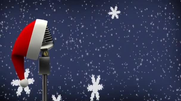 Animation Retro Silver Microphone Santa Hat Snowflakes Falling Blue Background — Stock Video