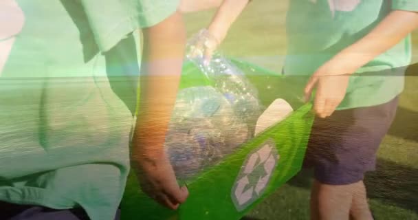 两个年轻人提着一个绿色盒子 上面印有回收利用标志的动画 里面装的是农村地区的塑料瓶 — 图库视频影像