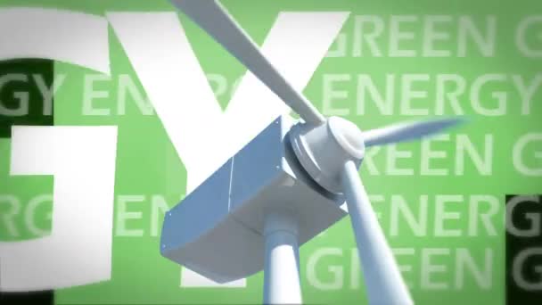 Animación Las Palabras Energía Verde Escrita Blanco Turbina Eólica Giratoria — Vídeo de stock