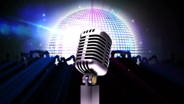 Animation Retro Silver Microphone Rotating Disco Ball Silhouettes Dancing People — Stock Video