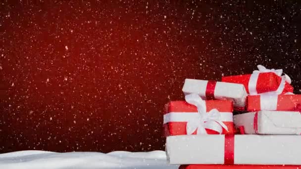 Animation Winter Scenery Snow Falling Christmas Presents Red Background — Stockvideo