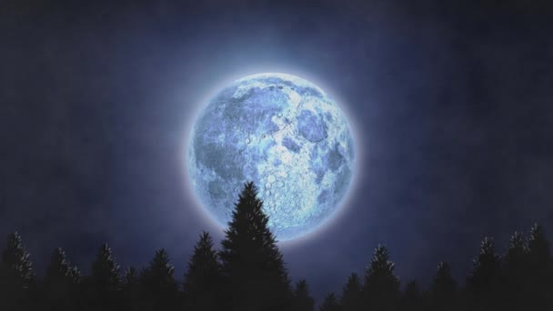 満月の夜空のアニメーション モミの木や煙の雲 — ストック動画