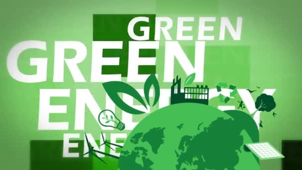 绿色能源白字的动画化和绿色背景上的地球图画 — 图库视频影像