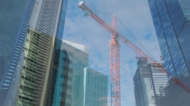 Animation Cityscape Moving Crane Modern Buildings Sky Clouds Background — Stock Video