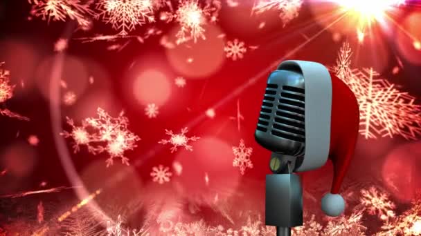 Animación Micrófono Plata Retro Con Sombrero Santa Copos Nieve Cayendo — Vídeo de stock
