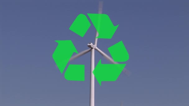 Animation Green Recycling Sign Spinning Wind Turbine Blue Background — Stock Video