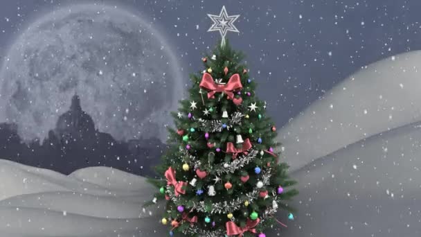 Animacja Zimowej Scenerii Nocy Opadającym Śniegiem Pełnią Księżyca Choinką Tle — Wideo stockowe