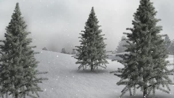 Kar Yağışı Köknar Ağaçlarıyla Kış Manzarasının Animasyonu — Stok video