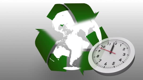 Анимация Земного Шара Завернутая Знак Переработки Часами Белом Фоне — стоковое видео