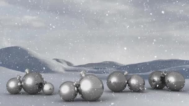 Animation Winter Scenery Snow Falling Christmas Decorations Silver Baubles Countryside — Stock Video