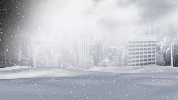 Анімація Зимових Пейзажів Снігом Падає Міський Пейзаж Задньому Плані — стокове відео