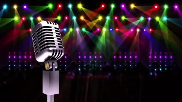 Анимация Ретро Серебряного Микрофона Двойными Фиолетовыми Красными Зелеными Желтыми Движущимися — стоковое видео