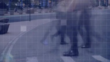 Şehir trafiği, beyaz şebeke ve arka planda kareler ile hızlı hareket eden zebra üzerinde sokakta yürüyen banilerin canlandırması