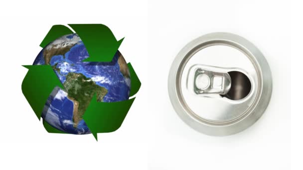 用白底罐头包裹在回收标牌上的全球动画 — 图库视频影像