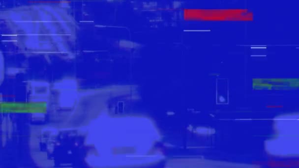 城市道路交通在快速发展中的动画化与在蓝色上闪烁的五彩斑斓的矩形前景 — 图库视频影像