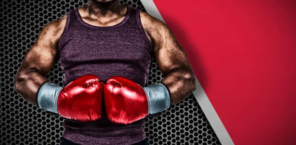Человек Боксерскими Перчатками Против Текстуры Черного Металла — стоковое фото