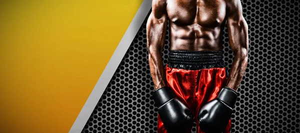 Boxer Posando Após Falha Contra Textura Metal Preto — Fotografia de Stock