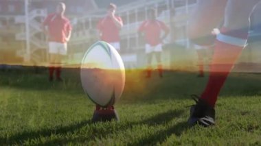 Arka planda takım arkadaşlarıyla topa vuran rugby oyuncusunun animasyonu