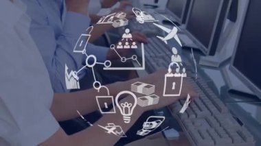 Arka planda meşgul ofis ile iş ağı simgelerinin dönen küresel animasyonu