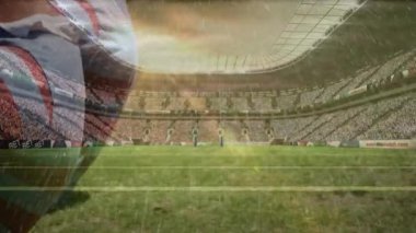 Bir stadyumdaki sahada sırayla mekik çeken rugby oyuncularının animasyonu