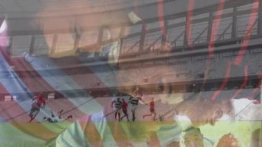 Stadyumdaki bir maçta sahadaki ragbi oyuncularının animasyonları ön planda kargaşa yaratıyor.