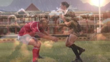 Ön planda yağmur yağan bir maçta ragbi oyuncularının animasyonu