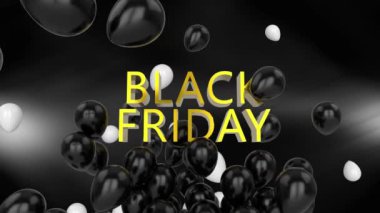 Siyah arkaplanda beyaz ve siyah balonlar olan sarı harflerle Kara Cuma kelimesinin animasyonu