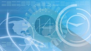 Hızlı hareket eden saatin animasyonu, arkaplanda veri işleme ve bağlantı ağı ile 15 'ten 2' ye geri sayım