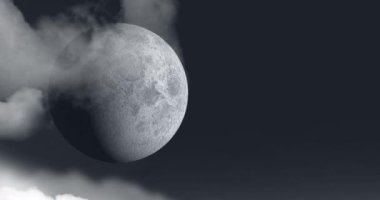 Aydınlatılmış ayın animasyonu kısmen gri gökyüzü arka planında hareket eden bulutlarla kaplı 4k