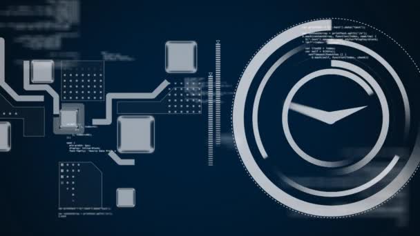 Animation of fast moving clock with data processing and network of connections in the background — Stock Footage Animation Fast Moving Clock Data Processing Network Connections Background Stock Video