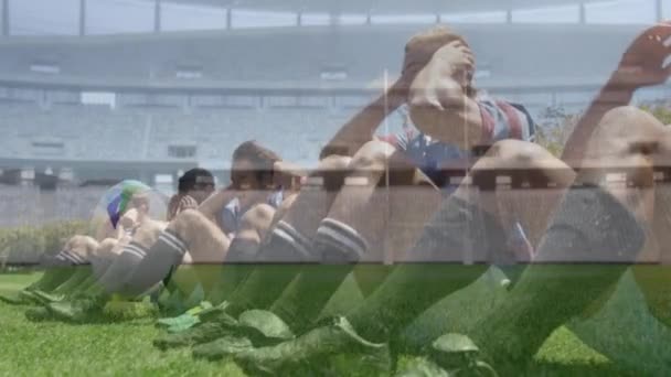 Animace Rugby Hráčů Dělat Křupky Ležící Řadě Hřišti Stadionu Rugby — Stock video