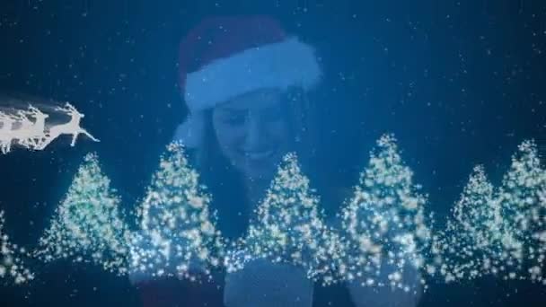 Animazione Una Silhouette Bianca Babbo Natale Slitta Trainata Renne Con — Video Stock