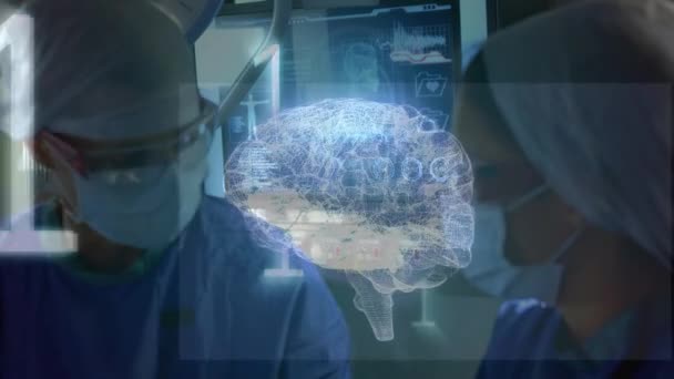 Animation Rotation Cerveau Codage Binaire Sur Les Chirurgiens Dans Table — Video