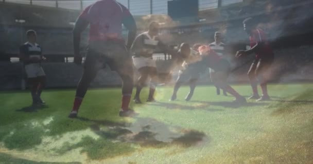 Animación Jugadores Rugby Campo Durante Partido Con Nubes Primer Plano — Vídeos de Stock