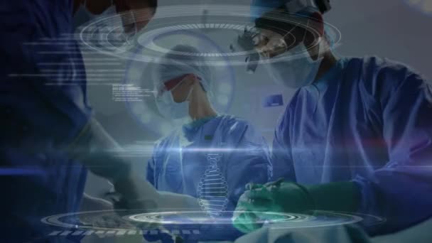 手術室で外科医の上を動くDna鎖と分子のアニメーション — ストック動画