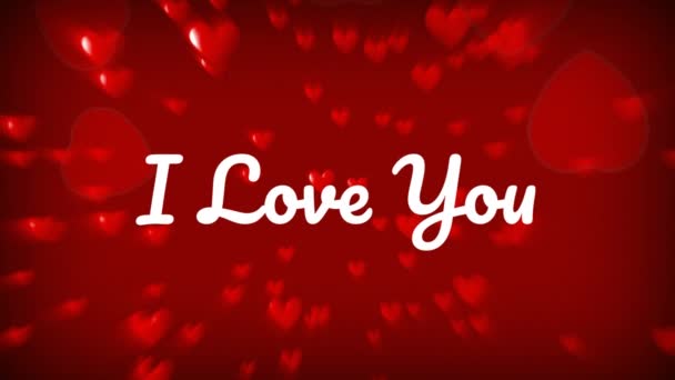 Animace Slov Love You Written White Red Hearts Red Background — Stock video