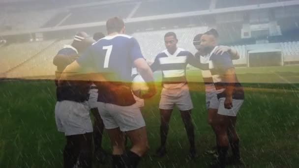 Animatie Van Rugbyspelers Die Zich Verzamelen Een Stadion Met Regen — Stockvideo