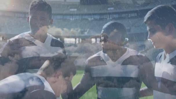 Animation Rugby Players Huddle Rugby Match Standing Rain Stadium — 图库视频影像