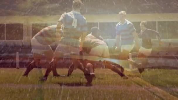 Animation Rugby Players Playing Match Rain Falling Foreground — Stock Video