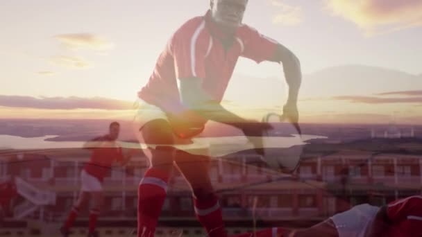 Animación Jugadores Rugby Campo Durante Partido Con Cielo Atardecer Fondo — Vídeos de Stock