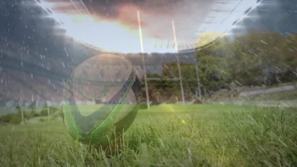 Animation Eines Rugbyballs Der Während Eines Rugbyspiels Einem Stadion Getreten — Stockvideo