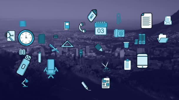 Animazione File Icone Ufficio Azzurro Che Muovono Paesaggio Urbano Crepuscolo — Video Stock