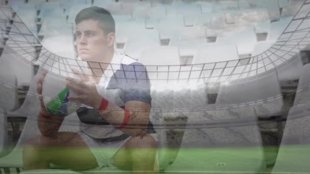 Animatie Van Een Blanke Rugbyspeler Die Een Bal Vasthoudt Een — Stockvideo