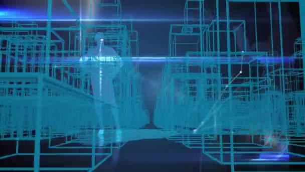 青で輝く3D建築図面を持つスマートフォンやノートパソコンを使用した人々のシルエットのアニメーション — ストック動画