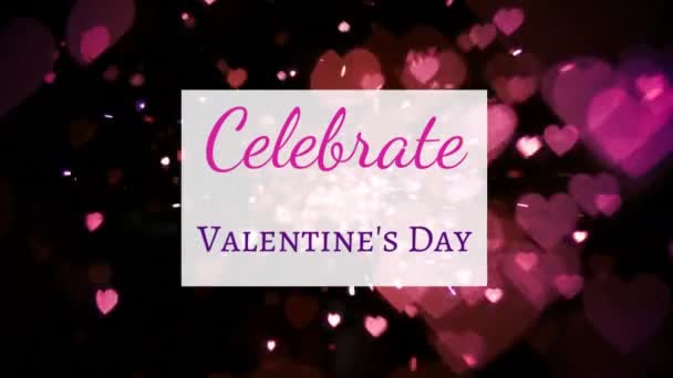言葉のアニメーションは ピンクの心が移動し 黒の背景にちらつきと白の正方形に赤で書かれたバレンタインデーを祝います — ストック動画
