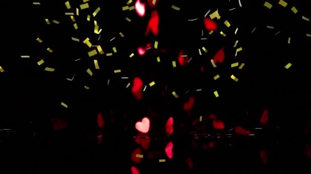 Animation Golden Confetti Red Hearts Falling Black Background — Stock Video